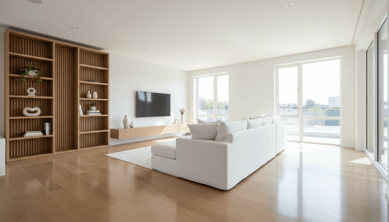 Spacious, immaculate living room with gleaming hardwood floors and bright natural light after professional deep cleaning