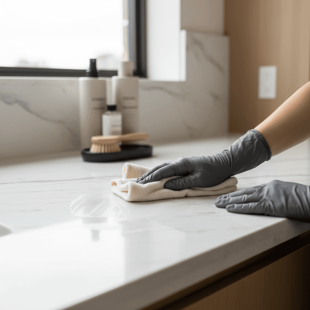 Gloved professional hands carefully cleaning a marble countertop with precision and attention to detail