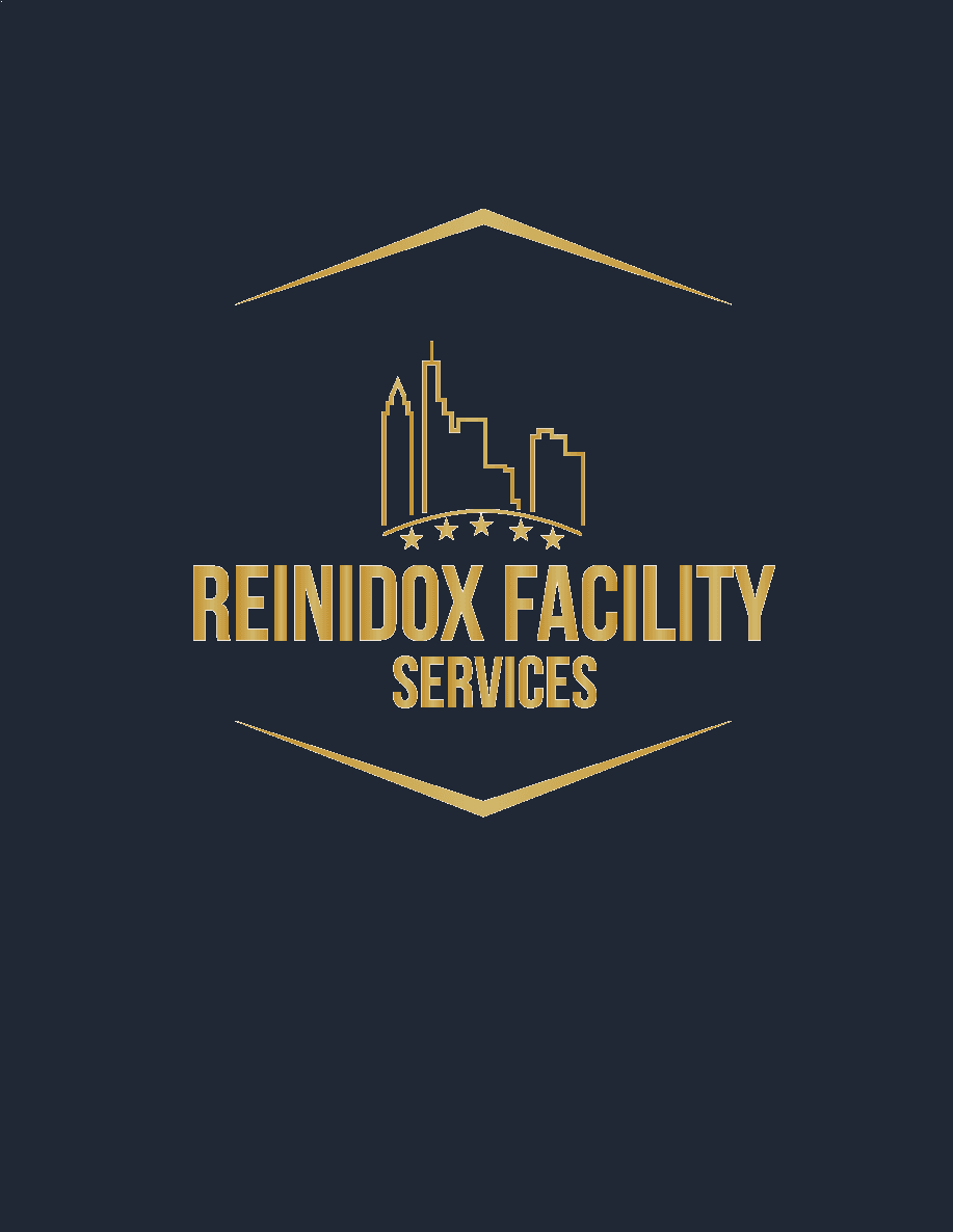 Reinidox Facility Services Logo in Gold mit Skyline-Grafik und fünf Sternen auf dunkelblauem Hintergrund.